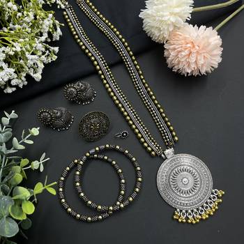 Oxidized gold and silver plated jewelry combo set of 5 with round pendant and ghungroo design 2