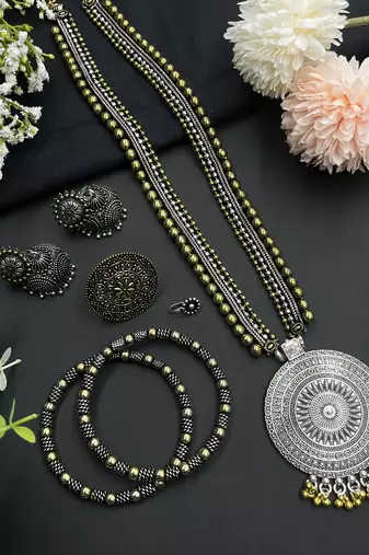 Oxidized gold and silver plated jewelry combo set of 5 with round pendant and ghungroo design