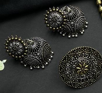 Oxidized gold and silver plated jewelry combo set of 5 with round pendant and ghungroo design 3