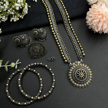 Oxidized gold & silver plated traditional indian dual tone necklace set for women 2