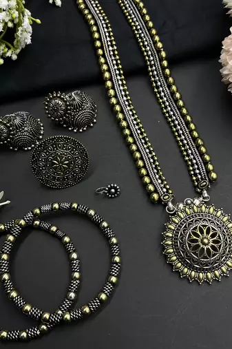 Oxidized gold & silver plated traditional indian dual tone necklace set for women