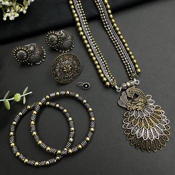 German silver plated elephant design dual tone long statement necklace set 1