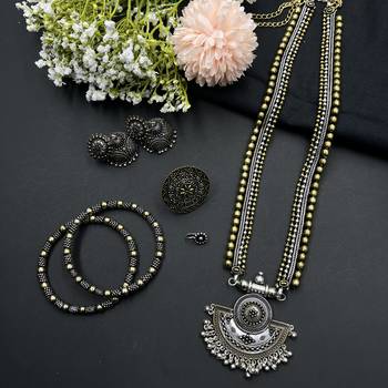Dual tone indian oxidized set combo of 5 - handmade festive jewelry with ghungroo pendant necklace 1