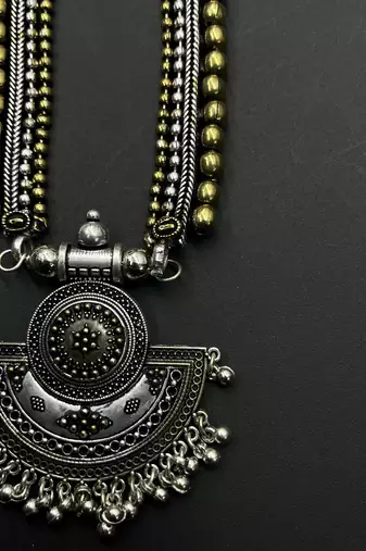 Dual tone indian oxidized set combo of 5 - handmade festive jewelry with ghungroo pendant necklace