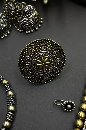 Dual tone indian oxidized set combo of 5 - handmade festive jewelry with ghungroo pendant necklace