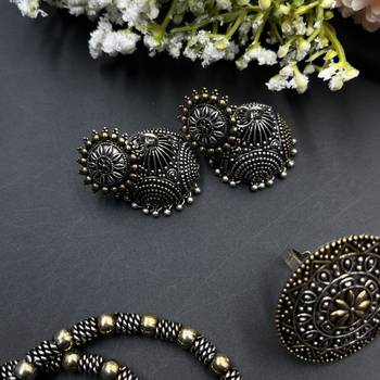 Dual tone indian oxidized set combo of 5 - handmade festive jewelry with ghungroo pendant necklace 5
