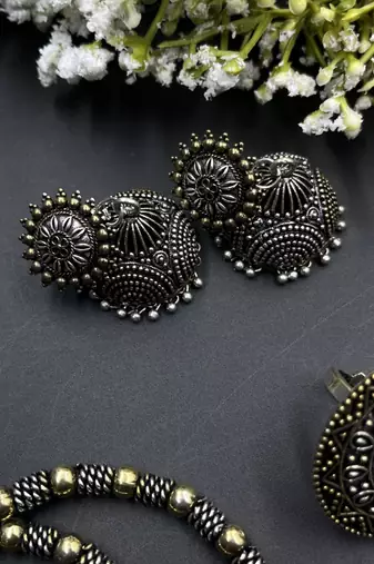 Dual tone indian oxidized set combo of 5 - handmade festive jewelry with ghungroo pendant necklace