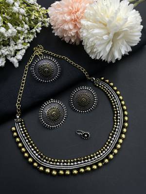 Dual tone choker necklace set matching ring and earrings, silver-plated nose pin 1