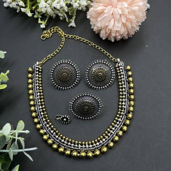 Dual tone choker necklace set matching ring and earrings, silver-plated nose pin 2