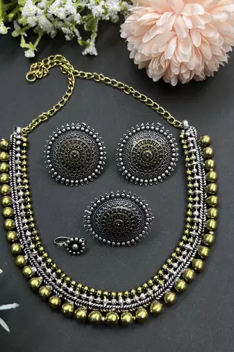 Dual tone choker necklace set matching ring and earrings, silver-plated nose pin