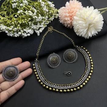 Dual tone choker necklace set matching ring and earrings, silver-plated nose pin 3