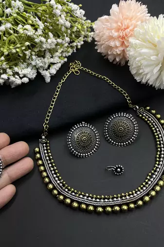 Dual tone choker necklace set matching ring and earrings, silver-plated nose pin