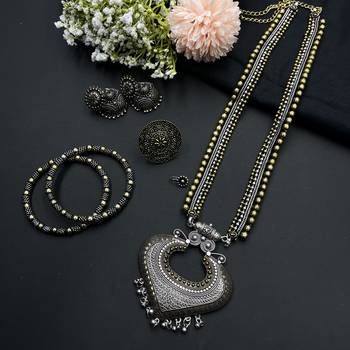 Dual tone long necklace with heart-shaped ghungroo pendant, matching ring, jhumka, bangles & silver nose pin 1