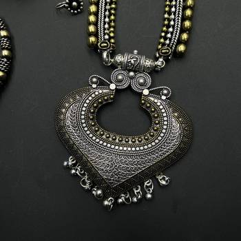 Dual tone long necklace with heart-shaped ghungroo pendant, matching ring, jhumka, bangles & silver nose pin 2