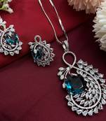 Crystal blue cubic zirconia partywear pendant necklace set with a matching pair of earring for women