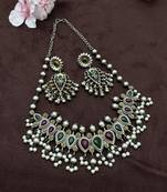 Green & red pearl stone antique boho style oxidized silver plated choker necklace set for women