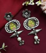 Hand-painted floral oxidized silver dangler earrings with pearl and ghungroo drop for women