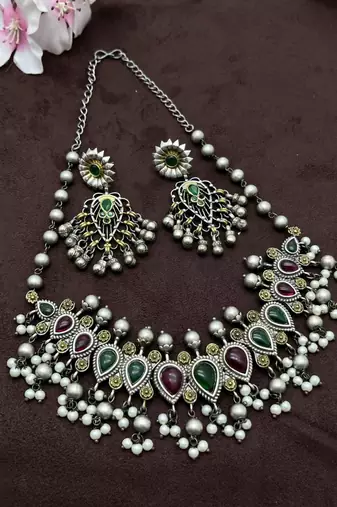 Green & red pearl stone antique boho style oxidized silver plated choker necklace set for women