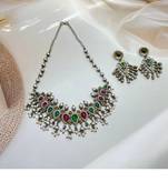 Green & red pearl stone antique boho style oxidized silver plated choker necklace set for women