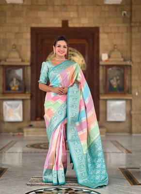  Turquoise Color Banarasi Silk Saree 1