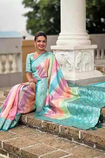  Turquoise Color Banarasi Silk Saree