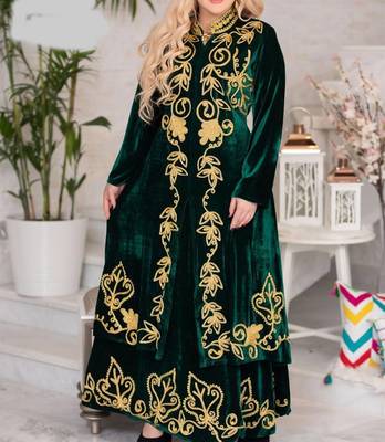 Green Velvet Wedding Kaftan Handcrafted Aari Embroidered Work Stitched Party Wear Dresses 2