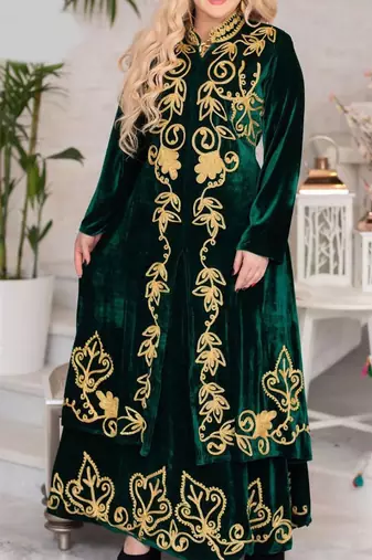 Green Velvet Wedding Kaftan Handcrafted Aari Embroidered Work Stitched Party Wear Dresses