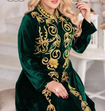Green Velvet Wedding Kaftan Handcrafted Aari Embroidered Work Stitched Party Wear Dresses 3