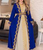 Royal Blue And Off White Georgette Kaftan Handcrafted Aari Embroidered Work Stitched Party Wedding Dresses