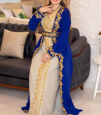 Royal Blue And Off White Georgette Kaftan Handcrafted Aari Embroidered Work Stitched Party Wedding Dresses 2