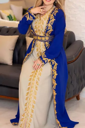 Royal Blue And Off White Georgette Kaftan Handcrafted Aari Embroidered Work Stitched Party Wedding Dresses