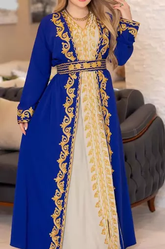 Royal Blue And Off White Georgette Kaftan Handcrafted Aari Embroidered Work Stitched Party Wedding Dresses