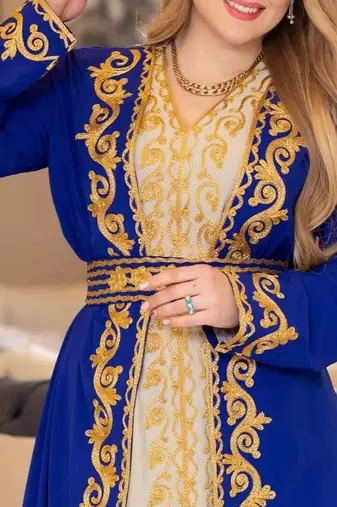 Royal Blue And Off White Georgette Kaftan Handcrafted Aari Embroidered Work Stitched Party Wedding Dresses