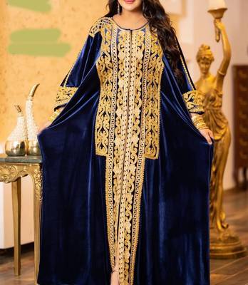 Grand Navy Blue Velvet Kaftan Gown with Heavy Gold Zari Work | Event Dress 1