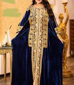 Navy Blue Velvet Gold Zari Embroidered Kaftan Dress
