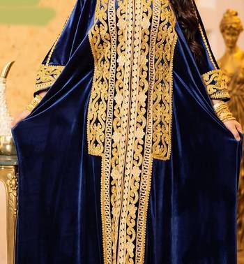Grand Navy Blue Velvet Kaftan Gown with Heavy Gold Zari Work | Event Dress 2