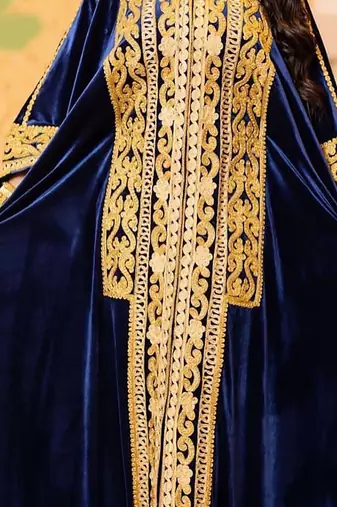 Grand Navy Blue Velvet Kaftan Gown with Heavy Gold Zari Work | Event Dress