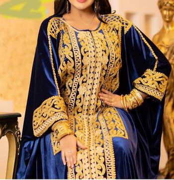 Grand Navy Blue Velvet Kaftan Gown with Heavy Gold Zari Work | Event Dress 3