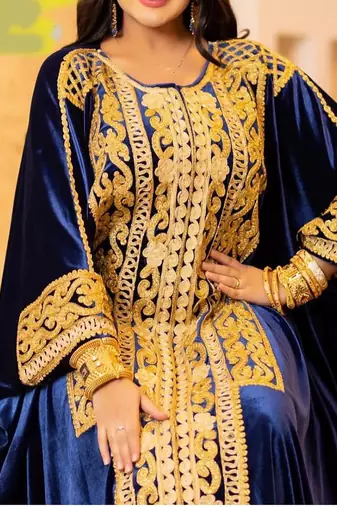 Grand Navy Blue Velvet Kaftan Gown with Heavy Gold Zari Work | Event Dress