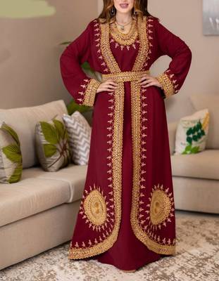 Maroon Georgette Handcrafted Aari work stitched Moroccan Dubai Kaftan Party Wedding Dresses 3