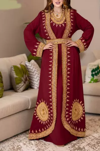Maroon Georgette Handcrafted Aari work stitched Moroccan Dubai Kaftan Party Wedding Dresses