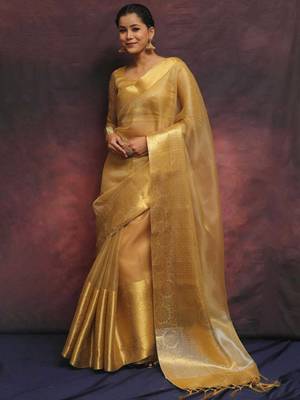 Gold tissue saree with blouse piece 3