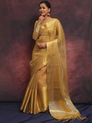 Gold tissue saree with blouse piece 4