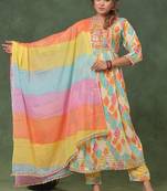 Multicolor women floral printed embroidered anarkali kurta pant with dupatta set
