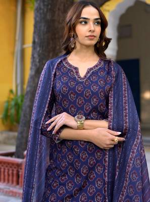 Women navy blue rayon blend floral printed straight kurta trouser and dupatta 1