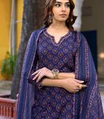Women navy blue rayon blend floral printed straight kurta trouser and dupatta