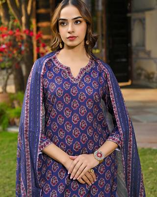 Women navy blue rayon blend floral printed straight kurta trouser and dupatta 2