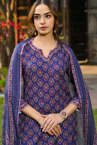 Women navy blue rayon blend floral printed straight kurta trouser and dupatta