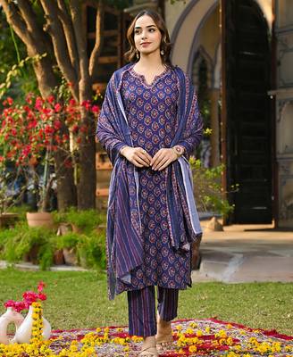 Women navy blue rayon blend floral printed straight kurta trouser and dupatta 3