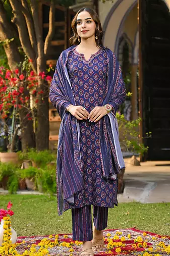 Women navy blue rayon blend floral printed straight kurta trouser and dupatta